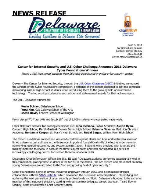 Delaware Cyber Foundations Winners for 2011 Announced