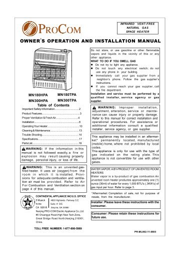 Owner's Manual - ProCom heaters