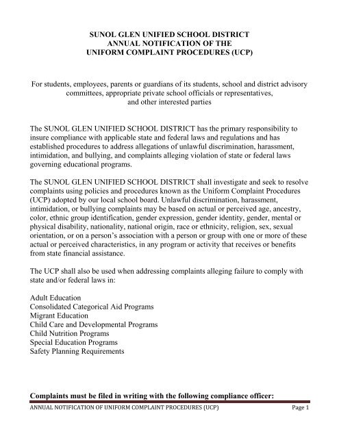 Uniform Complaint Procedure - Sunol Glen School