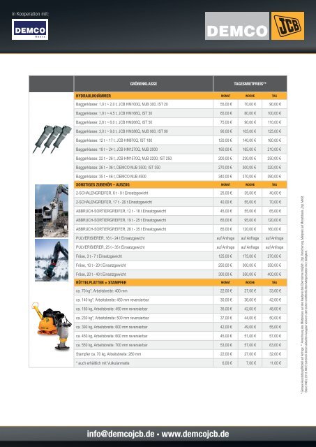 Aktuelle Mietpreisliste fÃ¼r Unternehmer (Nettopreise) - DEMCO JCB