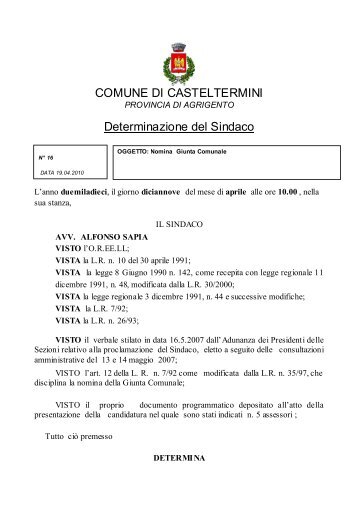 COMUNE DI CASTELTERMINI Determinazione del Sindaco