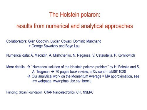 The Holstein polaron: results from numerical and analytical ... - PiTP