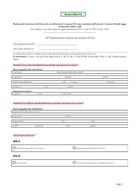 Modulo Iscrizione Ries C606062011doc Aams