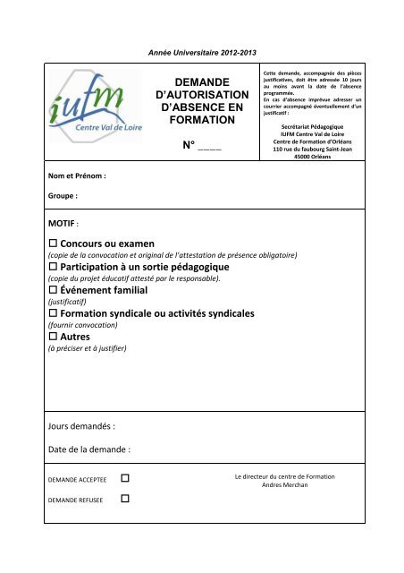 Demandes d'autorisation et de rÃ©gularisation d'absence - IUFM