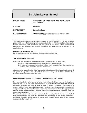 Exclusions statement - Sir John Lawes School