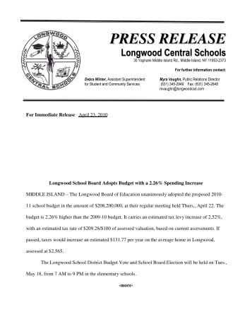 PRESS RELEASE - Longwood School District