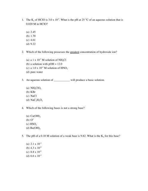 1 The Ka Of Hclo Is 3 0 X 10 8 What Is The Ph At 25