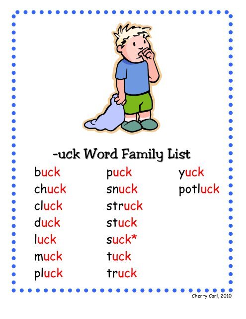 -uck Word Family List - Little Book Lane