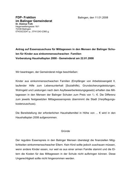 Antrag Essenszuschuss - FDP Balingen