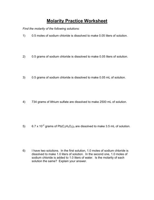 Molarity Practice Worksheet