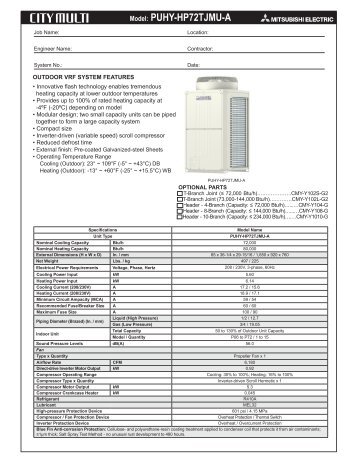 Model: PUHY-HP72TJMU-A - Mitsubishi Electric Sales Canada Inc.