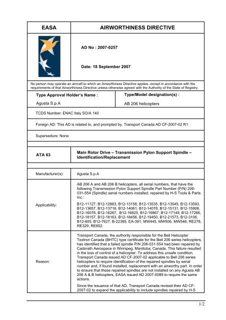 EASA AIRWORTHINESS DIRECTIVE