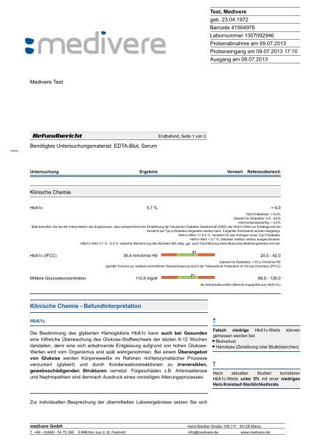 Musterbefund Diabetes Bluttest - Fairvital