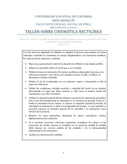 taller sobre cinemÃ¡tica rectilÃ­nea - Ludifisica - Universidad Nacional ...