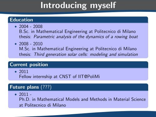 Mathematical Models for Nano Science - Politecnico di Milano