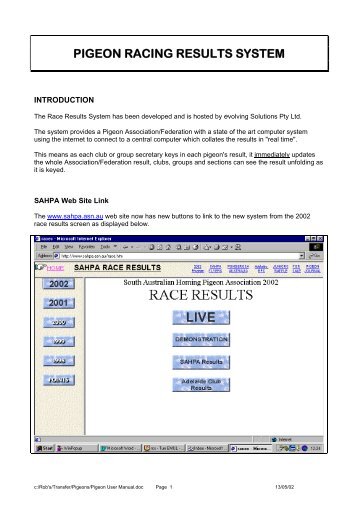 PIGEON RACING RESULTS SYSTEM