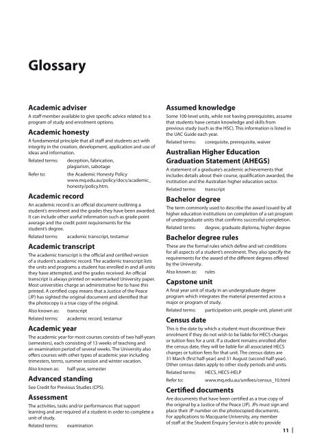 Glossary of terms used in the Handbooks - Macquarie University ...