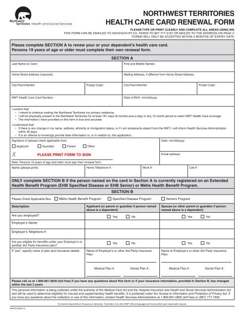 northwest territories health care card renewal form - Department of ...
