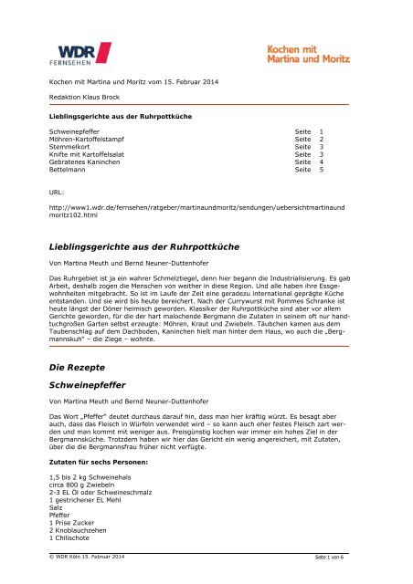 Rezepte zur Ruhrpottküche (PDF-Download: 65,5 KB) - WDR.de