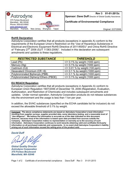 Astrodyne REACH Statement - MEV