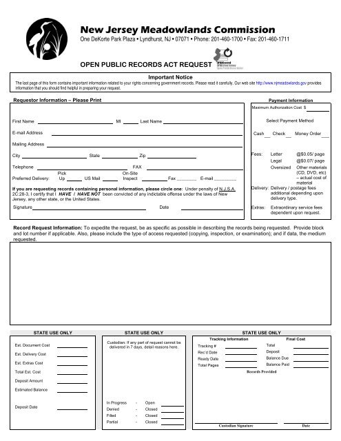 OPRA Request Form - New Jersey Meadowlands Commission