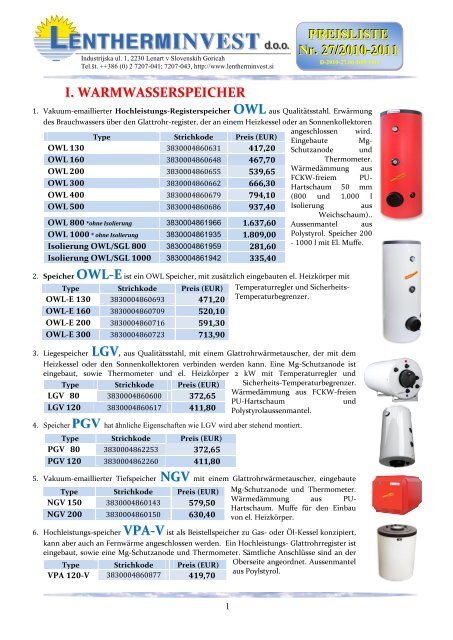 PREISLISTE Nr. 27/2010-2011 I ... - Lentherm