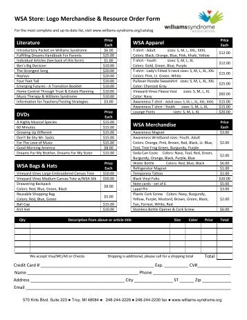 WSA Store Order Form - Williams Syndrome Association