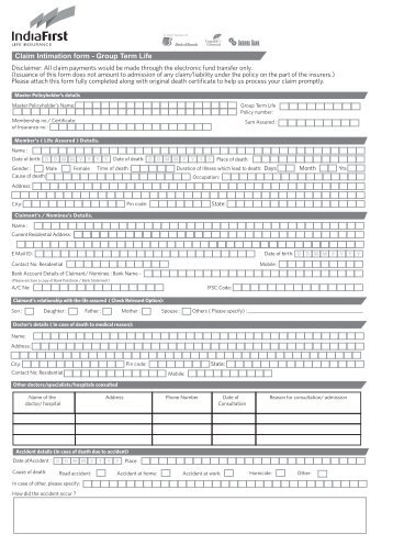 Claim Intemation form Group term life 1 - Life Insurance