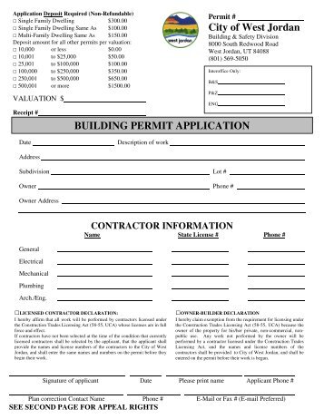 City of West Jordan BUILDING PERMIT APPLICATION