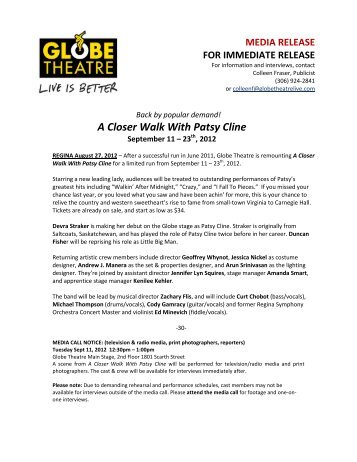 A Closer Walk With Patsy Cline media release - Globe Theatre