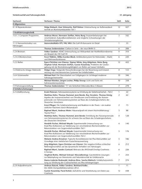 1 Inhaltsverzeichnis 2013 Verkehrsunfall und Fahrzeugtechnik 51 ...