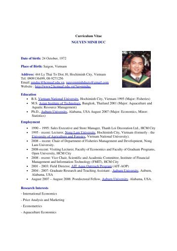 Curriculum Vitae NGUYEN MINH DUC Date of birth: 24 October ...