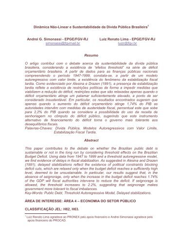 Dinâmica Não-Linear e Sustentabilidade da Dívida Pública ... - Anpec
