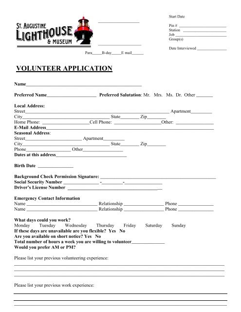Volunteer Application Form - St. Augustine Lighthouse & Museum