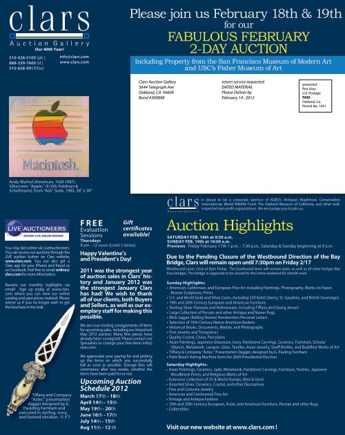 Upcoming Auction Schedule 2012 - Clars Auction Gallery