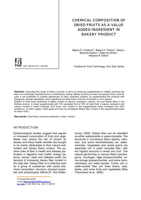 Chemical composition of dried fruits as a value - FINS - Univerzitet u ...