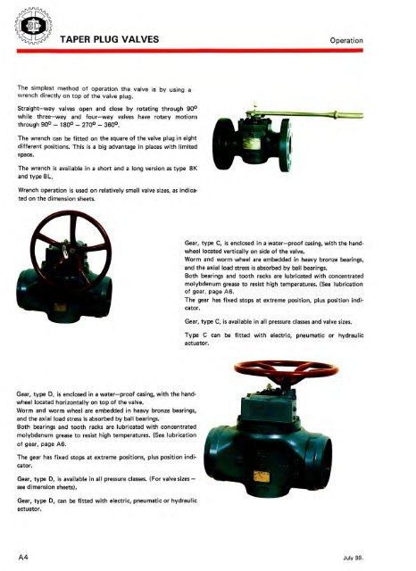 TAPER PlUG VAlVES