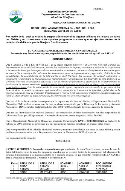 Pagina 1 RepÃºblica de Colombia Departamento de Cundinamarca ...