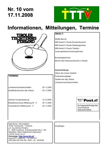 Nr.10 vom 17.11.2008 - Tiroler Tischtennis-Verband - - TTTV