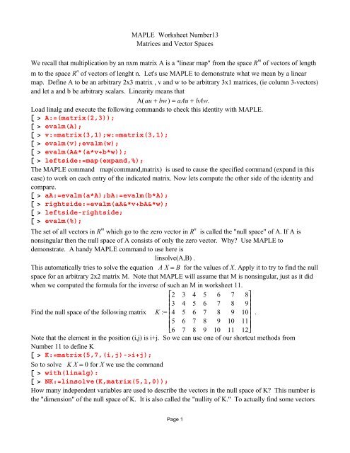 Maple Math Worksheet MAPLE Worksheet Number13 Matrices and Vector Spaces We ...