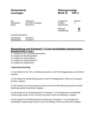 Gemeinderat Lenningen Sitzungsvorlage 08.05.12 TOP 4