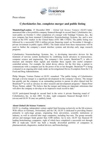 Cyberkinetics Inc. completes merger and public listing - Global Life ...