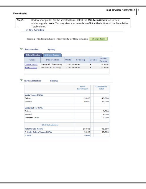 View Grades - The University of New Orleans - PeopleSoft Training