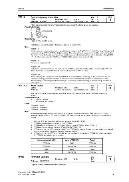 Parameter List Edition 04/03 SINAMICS G110 - Automatyka Siemens