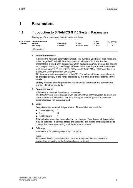 Parameter List Edition 04/03 SINAMICS G110 - Automatyka Siemens