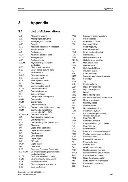 Parameter List Edition 04/03 SINAMICS G110 - Automatyka Siemens