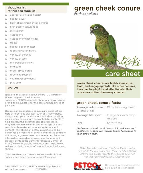 Green Cheek Conure Care Sheet Petco