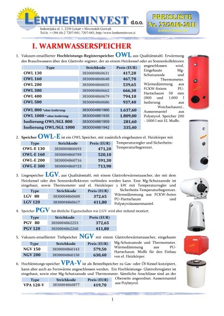 PREISLISTE Nr. 27/2010-2011 - Lentherm