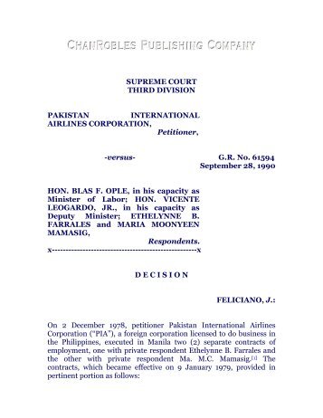 Pakistan Airlines Corporation vs. Ople, 190 SCRA 90 - Chan Robles ...