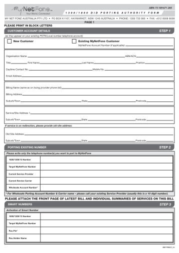 1300/1800 Number Porting Form - MyNetFone